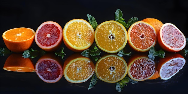 Foto frutta citrica colorata assortita disposta elegantemente su una superficie riflettente lucida concetto frutta citrica colorata disposizione superficie riflettente fotografia alimentare display vibrante