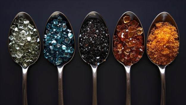 Assorted colorful crystals in spoons against a dark backdrop decorative elegant simplicity modern design elements AI