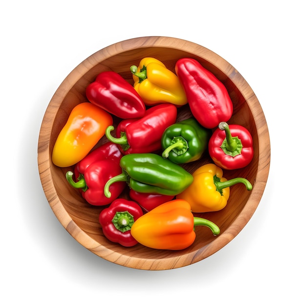 Assorted colorful fresh peppers in wooden bowl