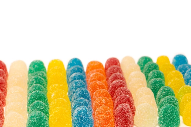 Assorted colorful gummy candies isolated on a white background Top view Jelly sweets