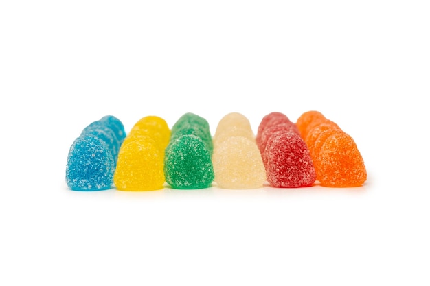 Assorted colorful gummy candies isolated on a white background Top view Jelly sweets