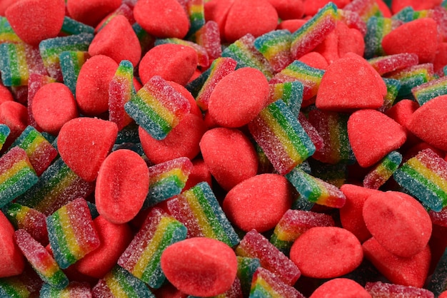 Assorted colorful gummy candies. Top view. Jelly  sweets.