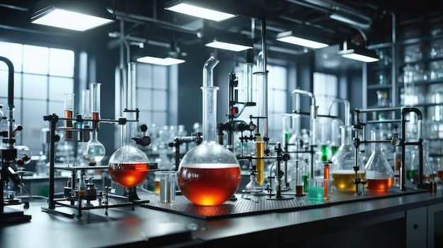 Photo assorted colorful liquids in a laboratory