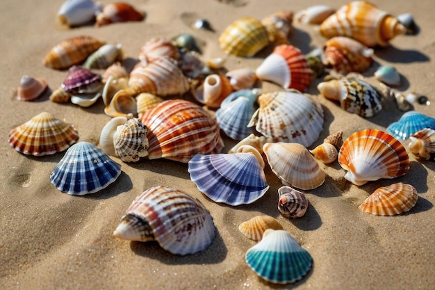 Photo assorted colorful seashells scattered on sandy beach