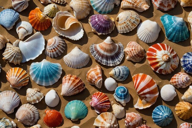 Photo assorted colorful seashells scattered on sandy beach