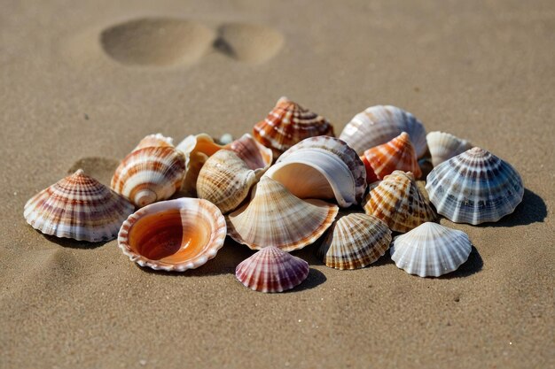 Photo assorted colorful seashells scattered on sandy beach