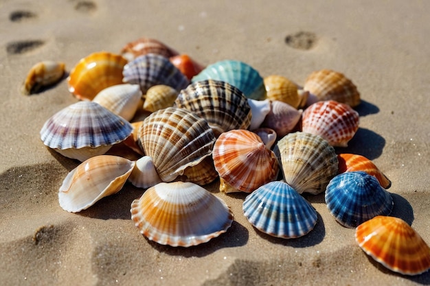 Photo assorted colorful seashells scattered on sandy beach