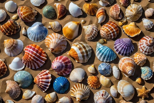 Assorted colorful seashells scattered on sandy beach