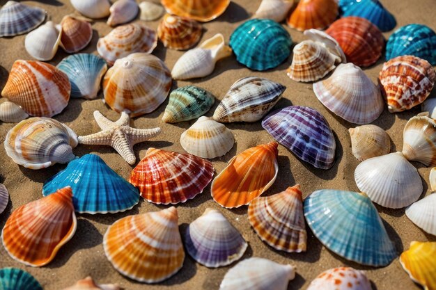 Photo assorted colorful seashells scattered on sandy beach