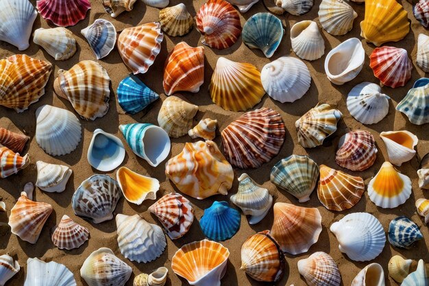 Photo assorted colorful seashells scattered on sandy beach