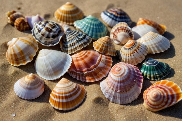 Assorted colorful seashells scattered on sandy beach