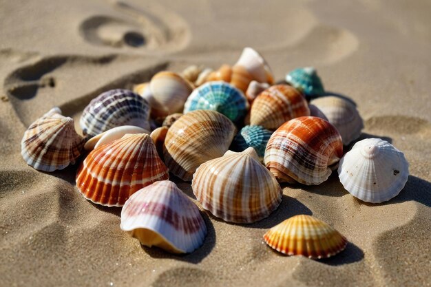 Photo assorted colorful seashells scattered on sandy beach