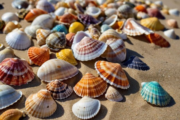 Photo assorted colorful seashells scattered on sandy beach