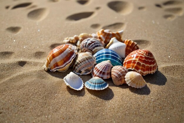 Photo assorted colorful seashells scattered on sandy beach