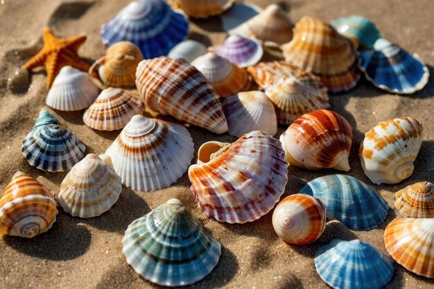 Photo assorted colorful seashells scattered on sandy beach