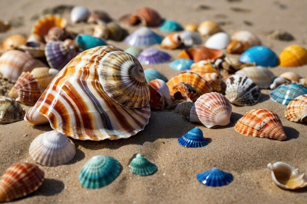 Assorted colorful seashells scattered on sandy beach