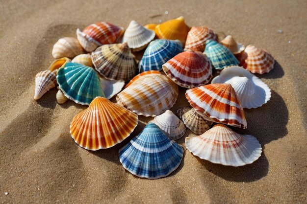 Photo assorted colorful seashells scattered on sandy beach