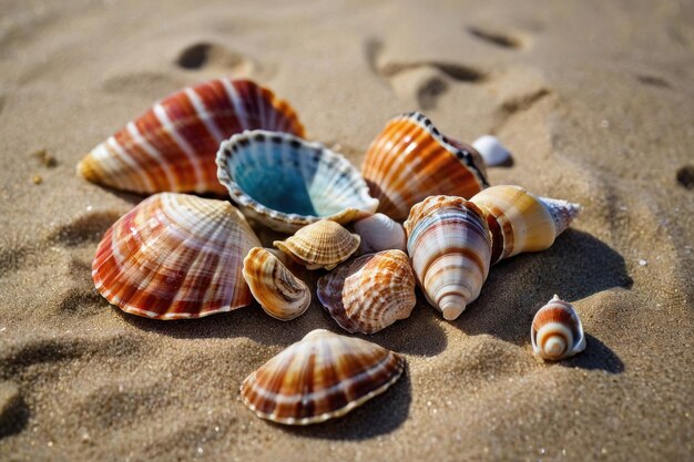 Photo assorted colorful seashells scattered on sandy beach