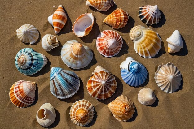 Assorted colorful seashells scattered on sandy beach