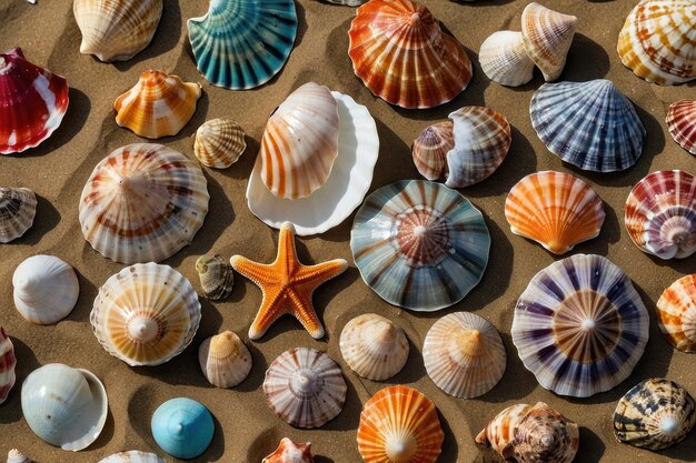 Photo assorted colorful seashells scattered on sandy beach