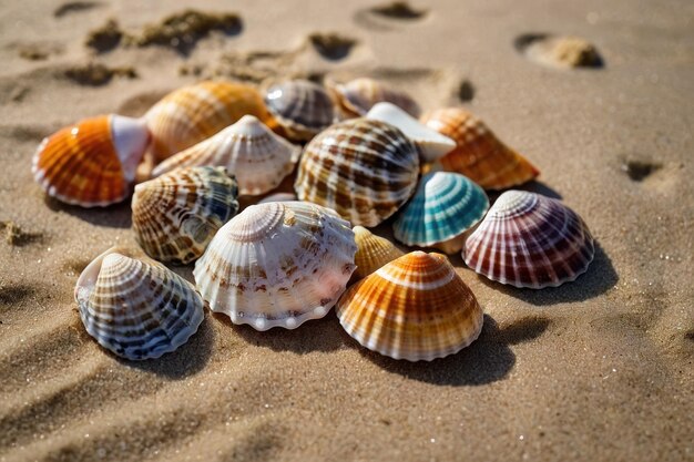 Photo assorted colorful seashells scattered on sandy beach