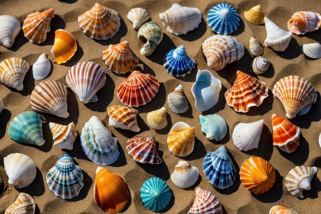 Photo assorted colorful seashells scattered on sandy beach