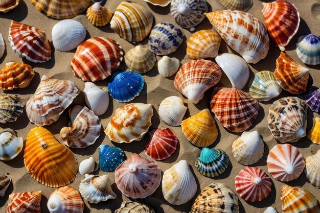 Assorted colorful seashells scattered on sandy beach