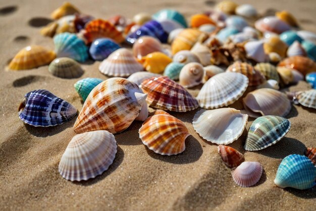 Photo assorted colorful seashells scattered on sandy beach