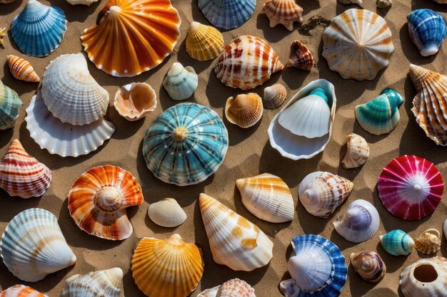 Assorted colorful seashells scattered on sandy beach