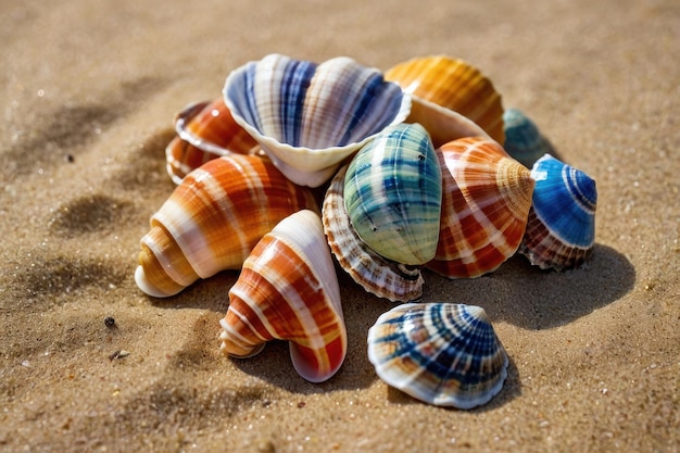 Assorted colorful seashells scattered on sandy beach