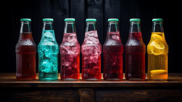 Foto alcune bottiglie di soda colorate con sfondo di legno scuro a condensazione