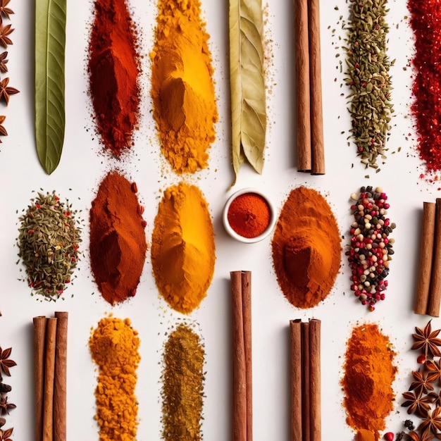 Assorted colorful spices and herbs cookin ingredients in organized grid row white background