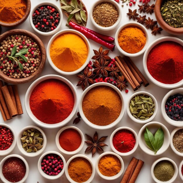 Photo assorted colorful spices and herbs cookin ingredients in organized grid row white background