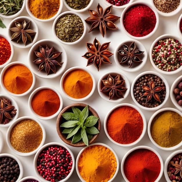 Photo assorted colorful spices and herbs cookin ingredients in organized grid row white background