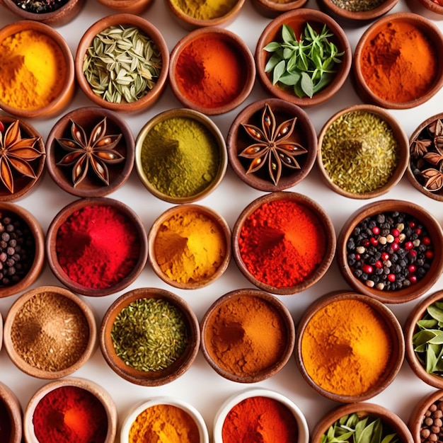 Photo assorted colorful spices and herbs cookin ingredients in organized grid row white background