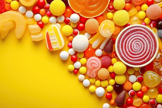 Assorted colorful sweets on a yellow background including jelly candies with sugar