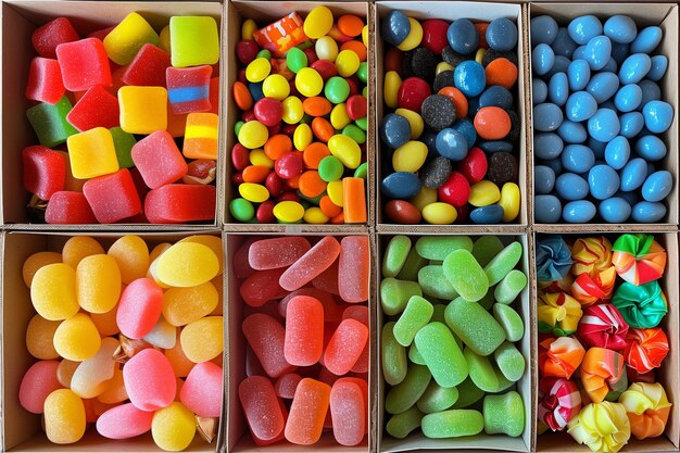 Assorted colorful and various sweet jelly sugar candies in wooden box