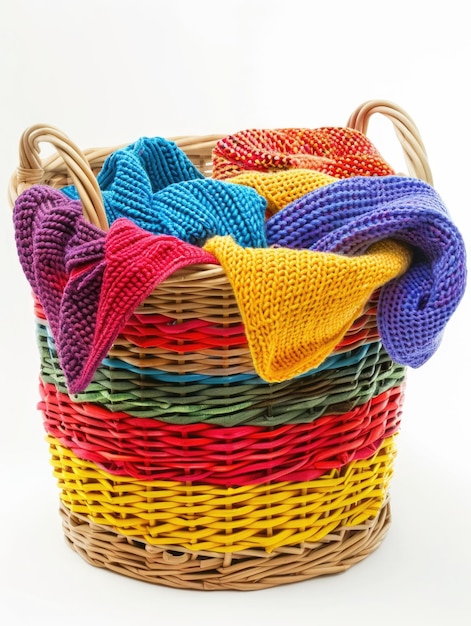 Foto una varietà di colori di tessuti multicolori rientrano in un paniere di lavanderia pieno un compito con varietà di