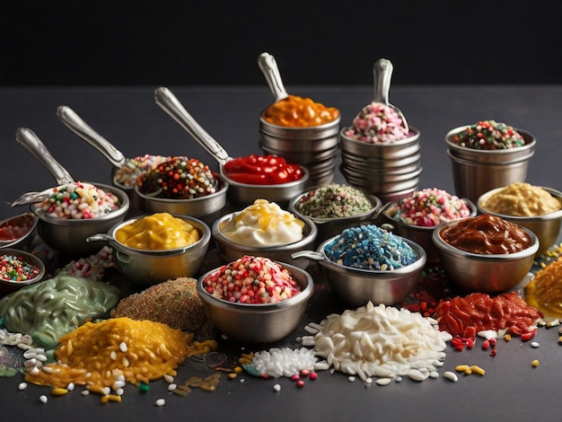assorted condiments and toppings in stainless steel spoons and sprinkles all around