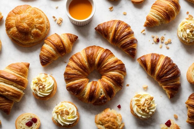 Assorted croissants and sweets View from above Generative AI