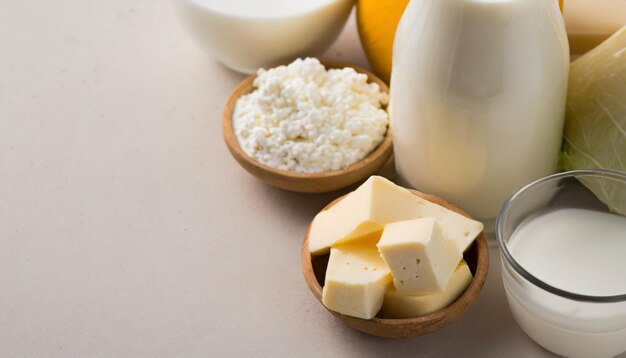 assorted dairy products on wooden table natural lighting Caption space