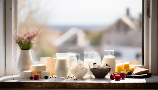 assorted dairy products on wooden table natural lighting Caption space