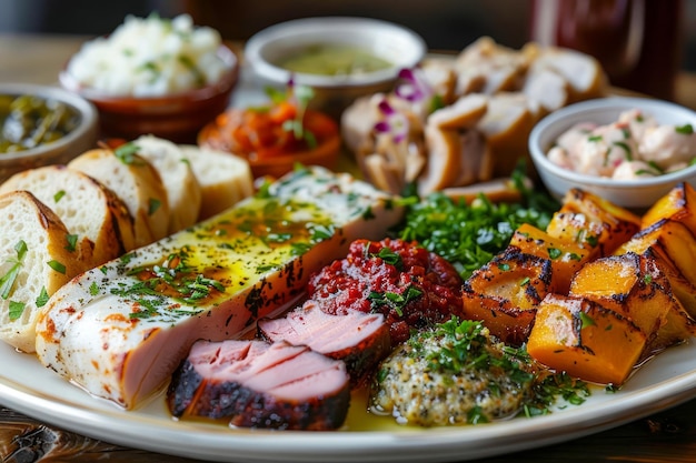 허브 가니시 와 함께 접시 에 여 있는 다양한 맛 있는 음식 과 고기 와 채소 들