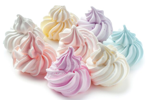Assorted delicate meringue cookies in various colors isolated on a white background