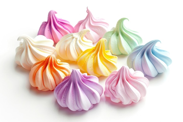 Assorted delicate meringue cookies in various colors isolated on a white background