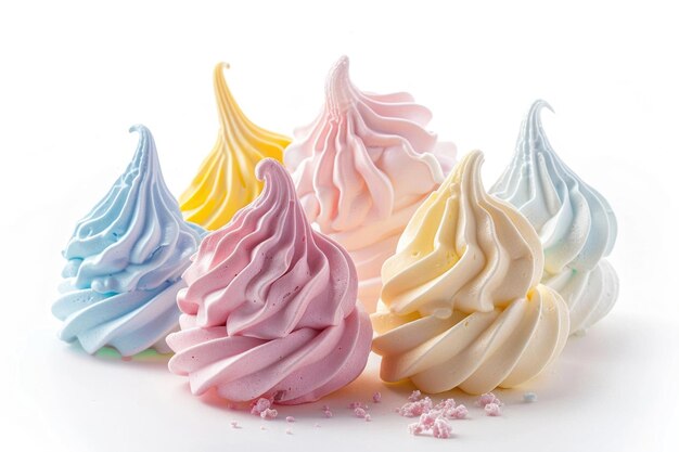 Assorted delicate meringue cookies in various colors isolated on a white background