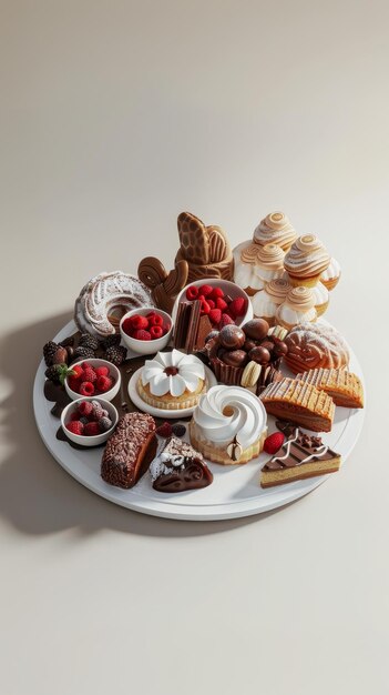 Assorted delicious desserts on a white tray featuring cakes pastries and chocolates with berries