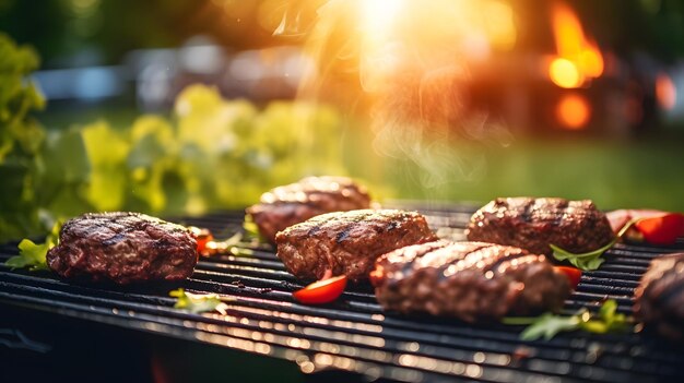 Assorted delicious grilled meat with vegetables on barbecue grill