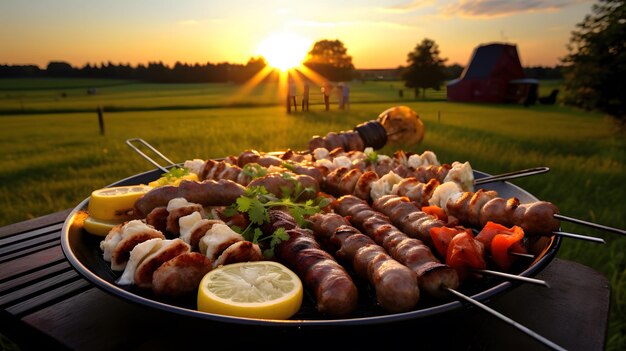 Foto una varietà di deliziose carni alla griglia con verdure al barbecue