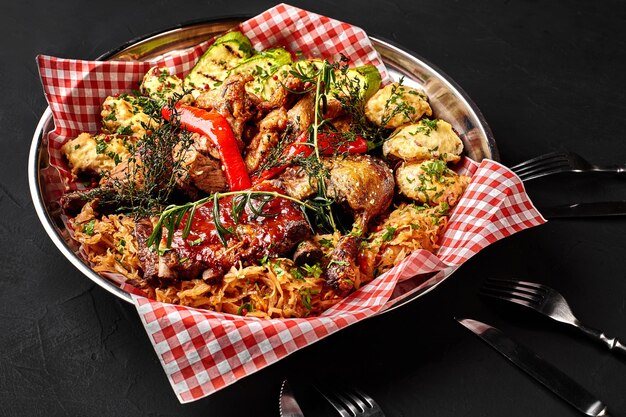 Assorted delicious grilled meat with vegetables and bbq sauce on an iron tray on black background close up. Big set of Hot Meat Dishes. Top view. Photo for the restaurant menu. Still life